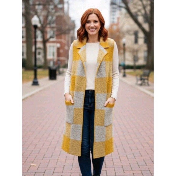 MONTEAU Los Angeles Women's S Yellow Gray Plaid Sleeveless Long Sweater Vest - Picture 1 of 16